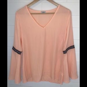 TOBI Peach Bell Sleeve Blouse with Boho Trim – Size Small